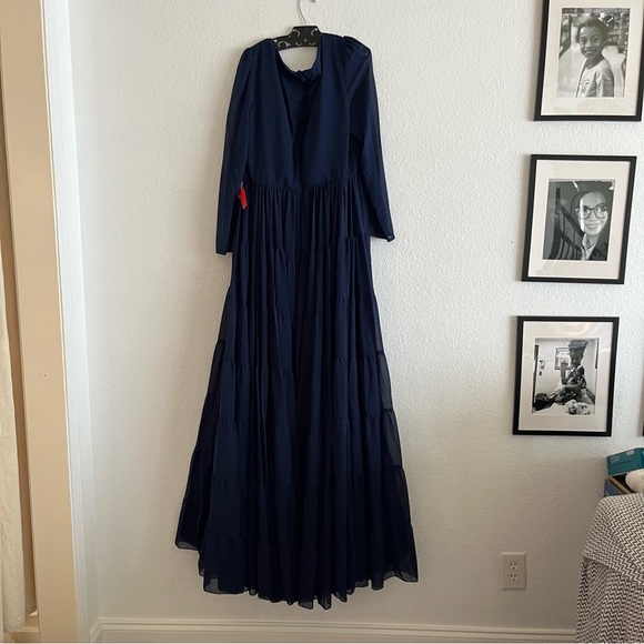 Mac Duggal Faux Wrap Illusion Long Sleeve Tiered Gown in Midnight NWT 55311 - Picture 7 of 10